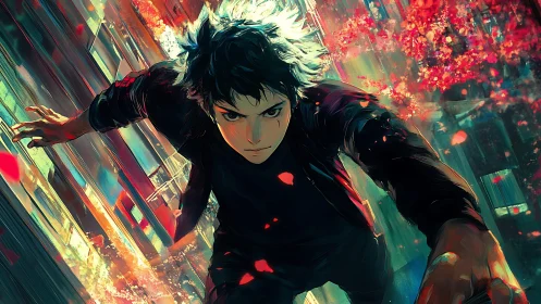 Male figure moves dynamically through stylized urban space