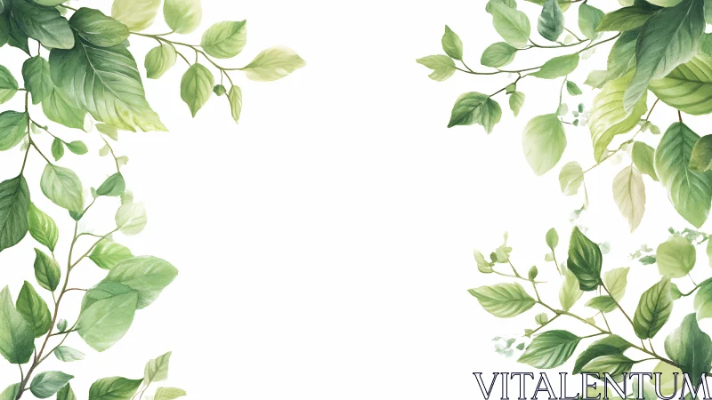 Delicate watercolor foliage frames airy white space.