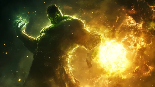 Gamma titan channeling blazing cosmic energy sphere.