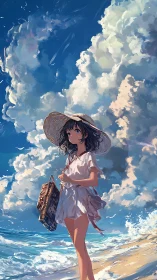 Summer beach girl under towering painterly clouds.
