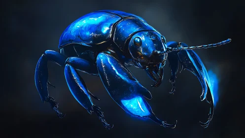 Bioluminescent cobalt beetle rendered as high-gloss 3D exoskeleton
