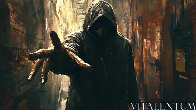 Hooded figure extends gloved hand in narrow, painterly alleyway