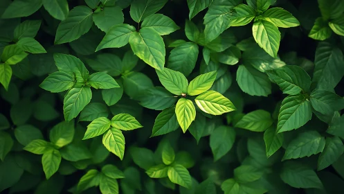 Sunlit green leaves create a lush natural background pattern.