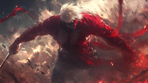 White-haired swordsman in red coat charging through embers