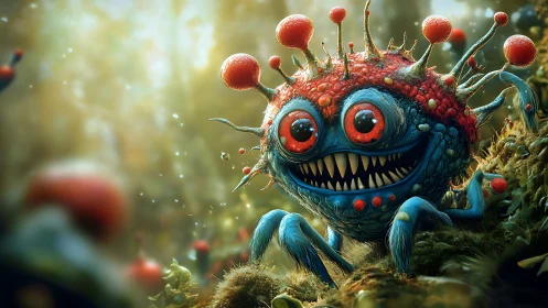 Blue multi-limbed creature with red spores occupies forest floor