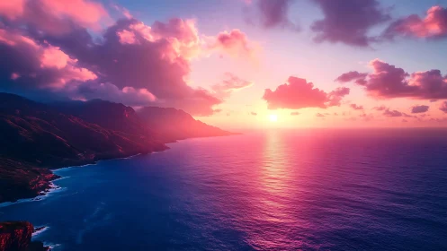 Coastal mountain shoreline under vivid sunset sky over ocean.