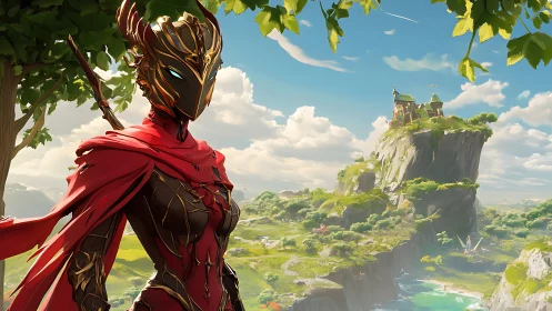 Armored fantasy warrior overlooking bright cliffside castle.