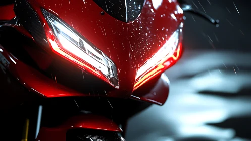 Red superbike LED fascia in cinematic night rain closeup.