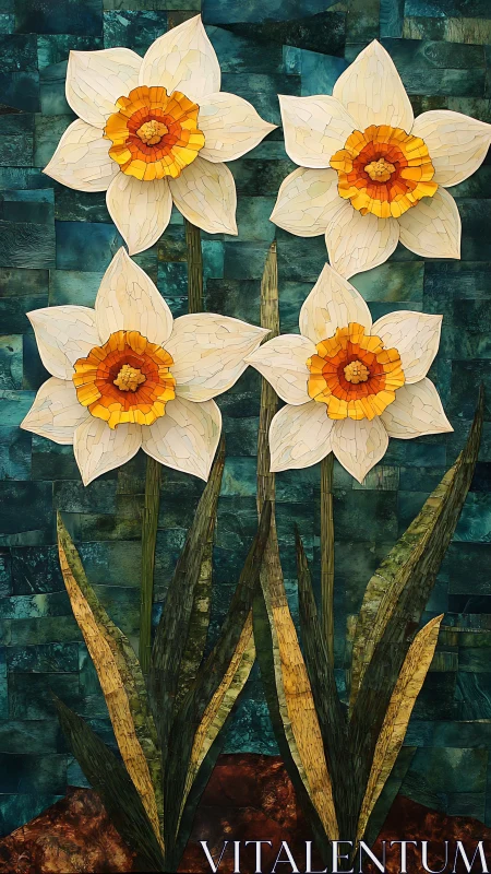 Four Daffodils with Vibrant Centers Against Textured Teal Mosaic.