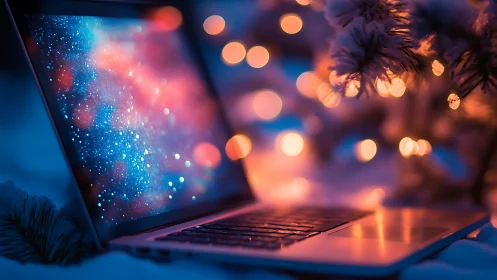 Cozy winter laptop glow under dreamy holiday lights.