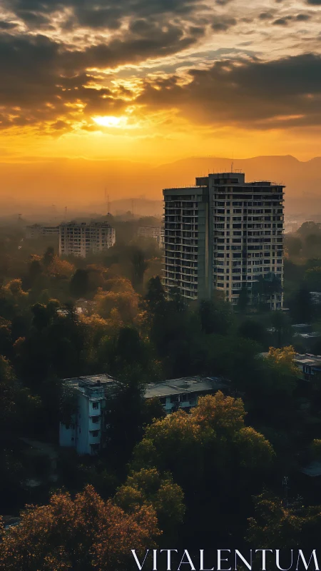 High-rise tower overlooks misty cityscape at golden sunrise