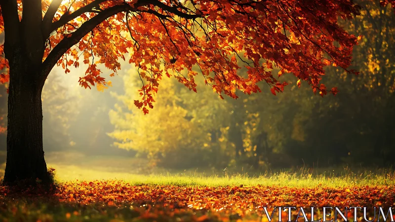 Autumn maple tree glows under golden sunrise forest light.