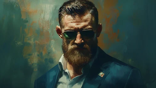 Bearded man in teal suit under cinematic painted light.