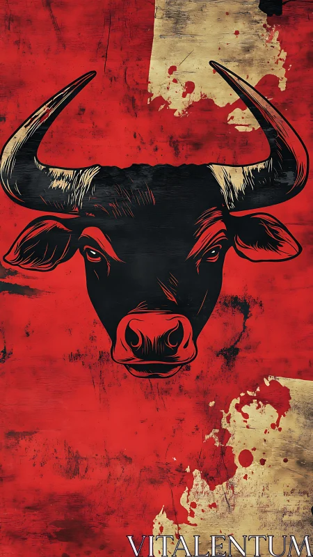 Bold bull portrait on distressed red and gold canvas.