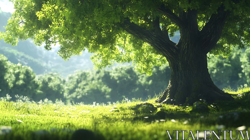 Radiant oak canopy under volumetric backlit sunlight rendering.