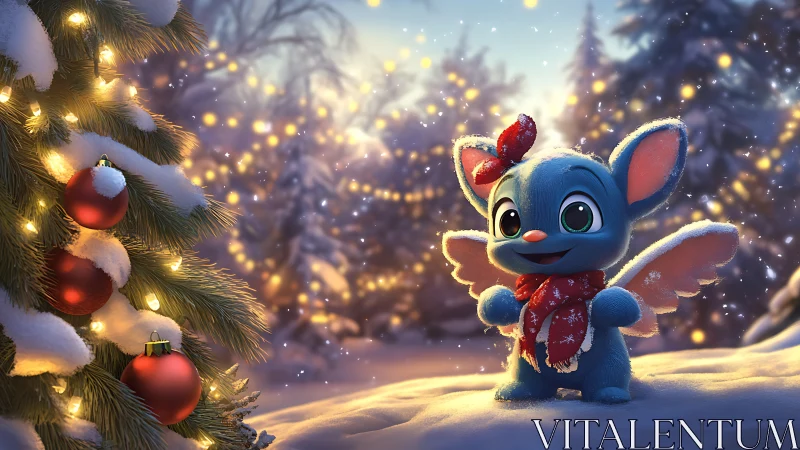 Digital painting of festive winged creature in snowy forest scene.