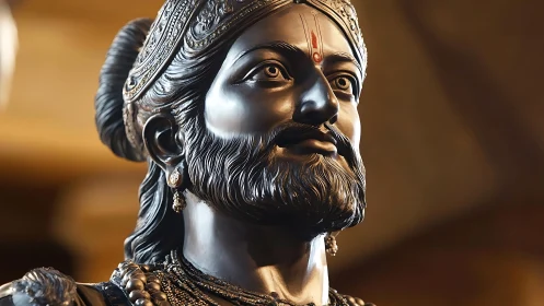 Regal metal bust of Indian warrior king under warm light