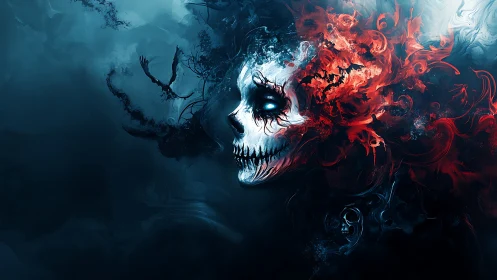 Digital painting of spectral skull with eruptive red energy plume.