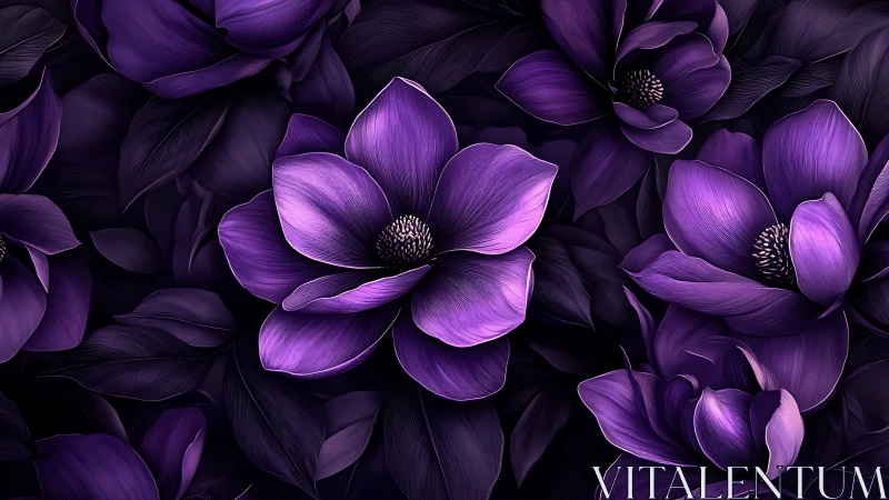 Deep Purple Florals. Luminous Petals Against Black.