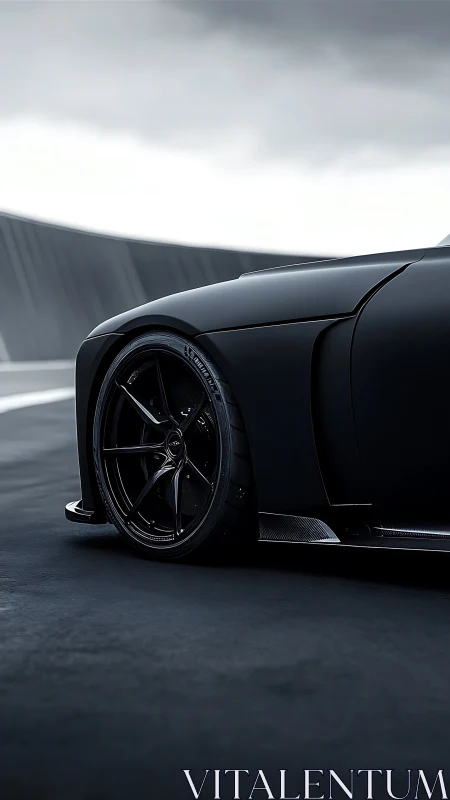 Matte black supercar prowls a stormy industrial track