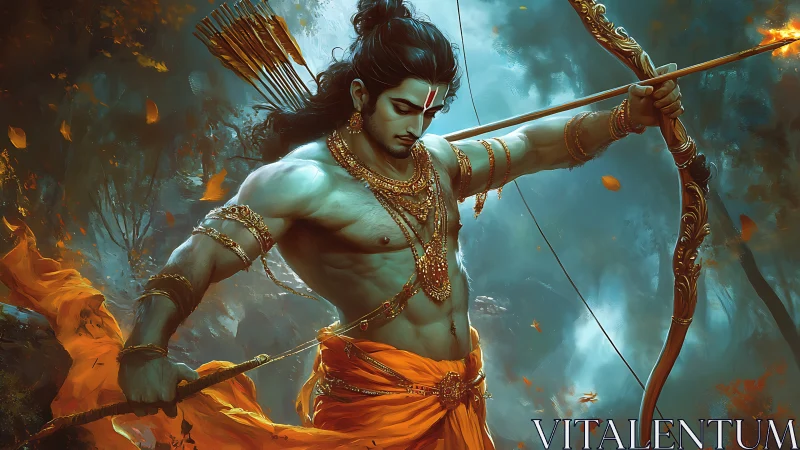 Heroic archer draws a flaming bow in a mystical forest scene