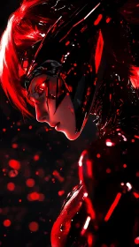 Side-lit cybernetic warrior rendered in high-gloss red speculars