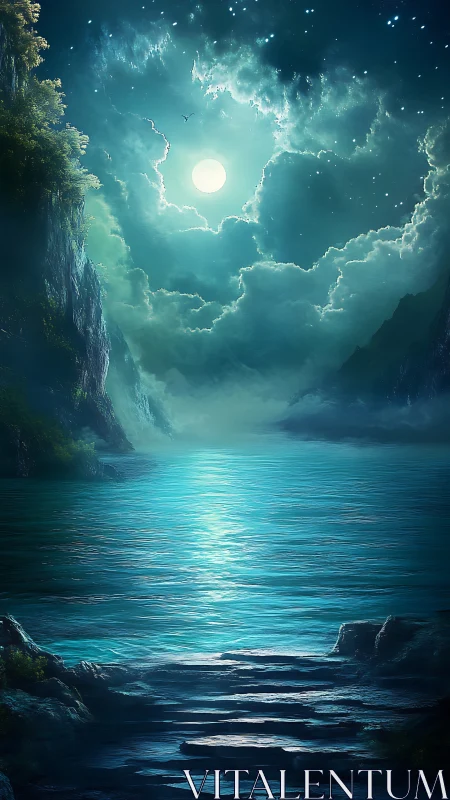 Moonlit seascape shows stone steps descending toward water