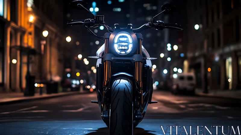 LED headlamp sport motorcycle on empty nocturnal city street