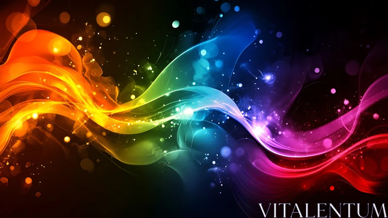 Chromatic light waves intersect across a dark digital field