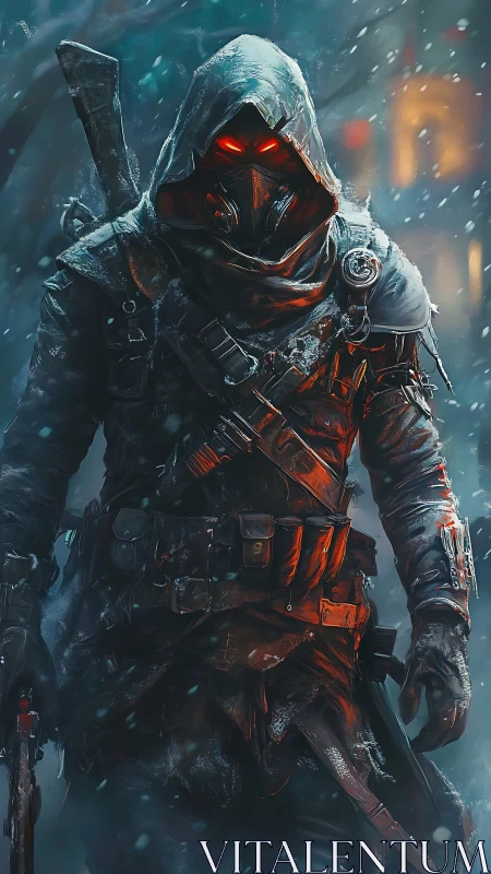 Hooded ember-eyed ranger stalks through frozen neon streets