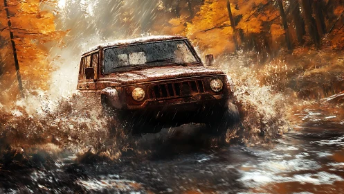 Mud-slinging trail hero charging through autumn stormwater.