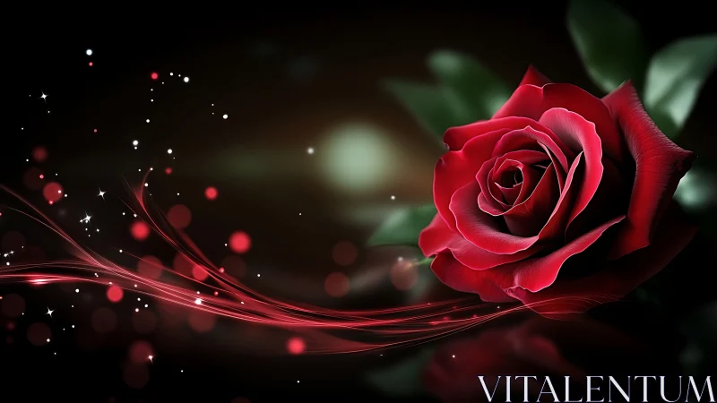 Vibrant Red Rose Blooms Among Glowing Energy Waves.