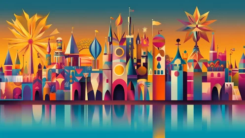 Geometric fantasy skyline with mirrored waterfront reflections.