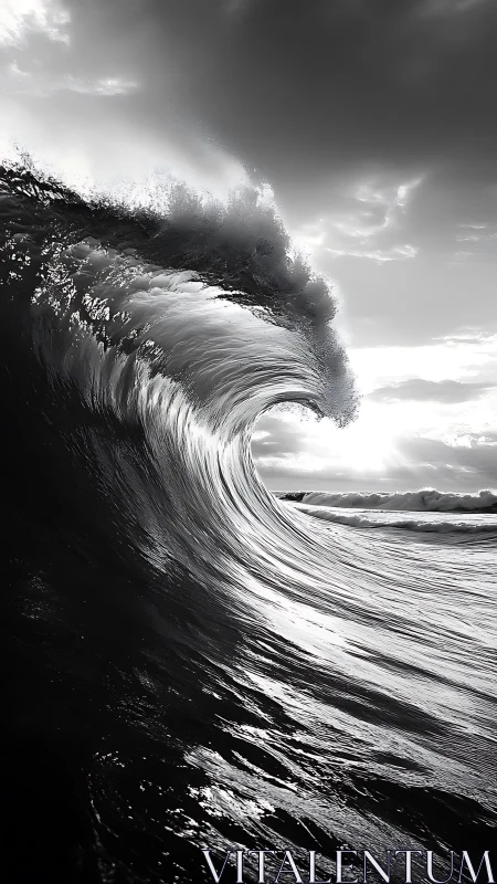 Monochrome breaking wave in dramatic high-contrast seascape.