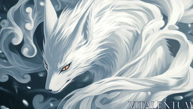 Mythic white fox spirit coils through swirling mist