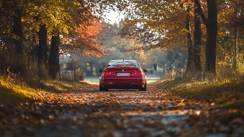 Red sports car on tree-lined autumn country road at dusk.