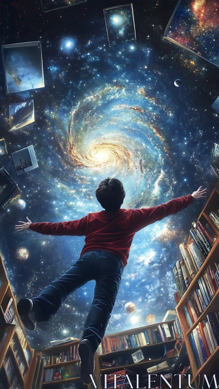 Boy in library floating toward swirling cosmic galaxy sky.