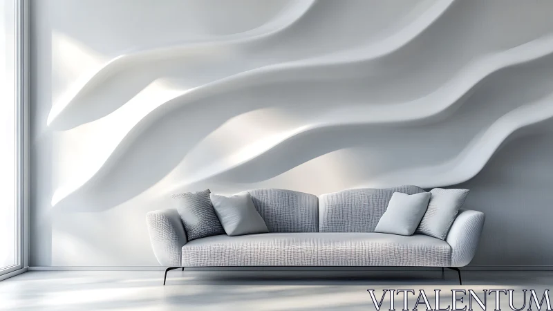 Minimalist sofa against sculpted white wave relief wall.