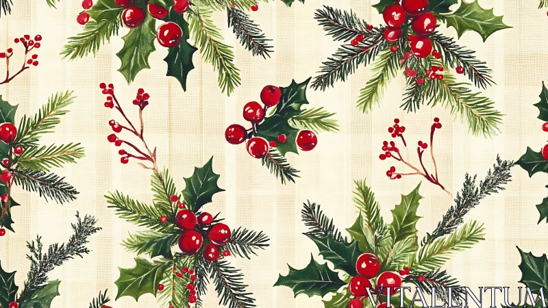 Watercolor holly and pine Christmas foliage seamless pattern.
