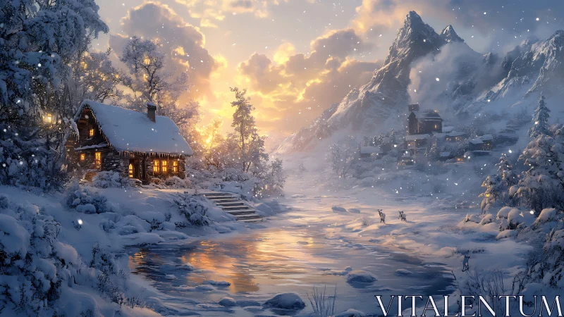 Winter cabin beside glowing river at alpine sunset.