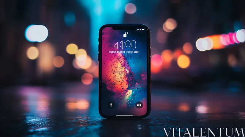 Neon Nocturne: smartphone glowing with cosmic dust explosion.