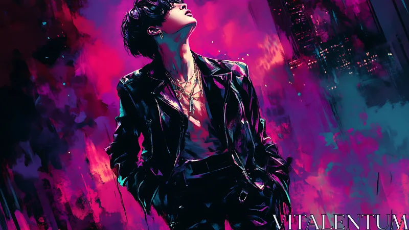 Neon city dreamer standing bold in swirling night color.