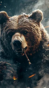 Hyperreal grizzly bear portrait with cinematic smoke and fire effects
