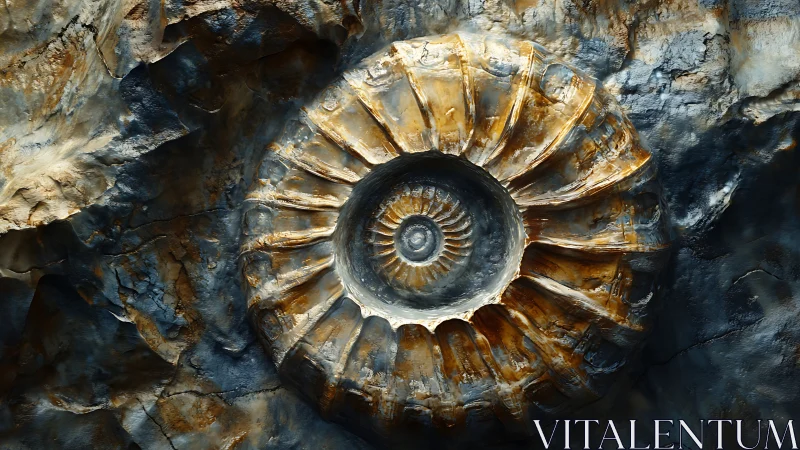 Ammonite fossil embedded in textured rock wall surface