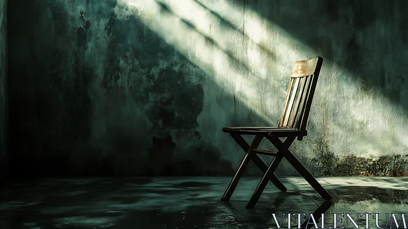 Solitary wooden chair in moody sunlit concrete corner.
