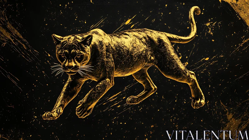Golden Cougar Rendered in Luminous Metallic Texture Against Black
