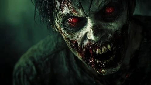 Grotesque undead creature with glowing red eyes lunging