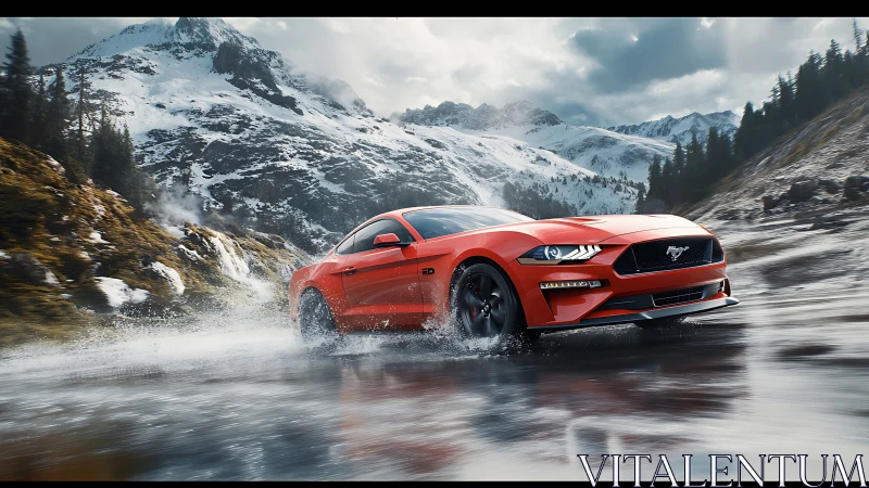Red sports coupe drifts across wet alpine road with dynamic spray