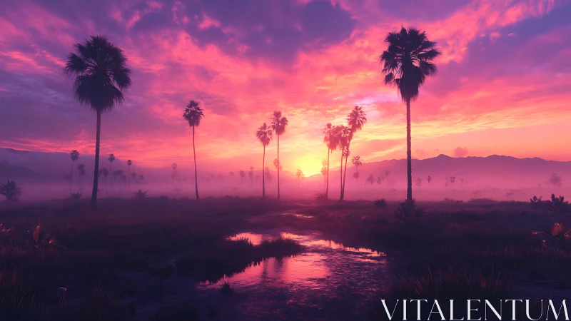 Sunset illuminates palm-lined wetland with reflective stream