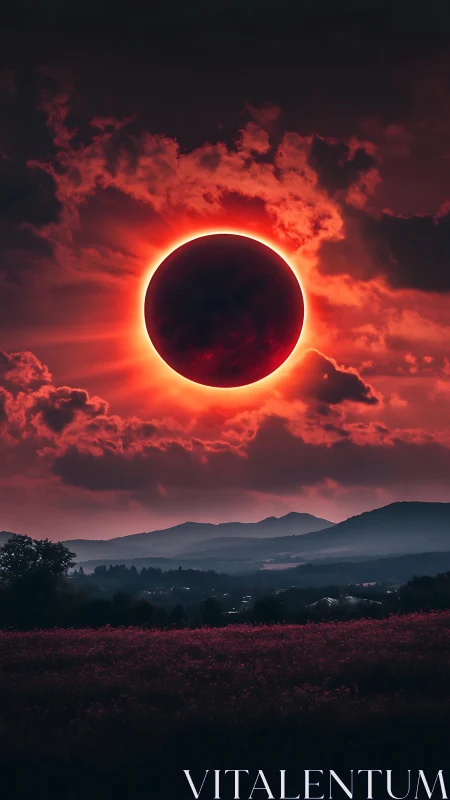 Total solar eclipse crowns blood-red sky over distant hills